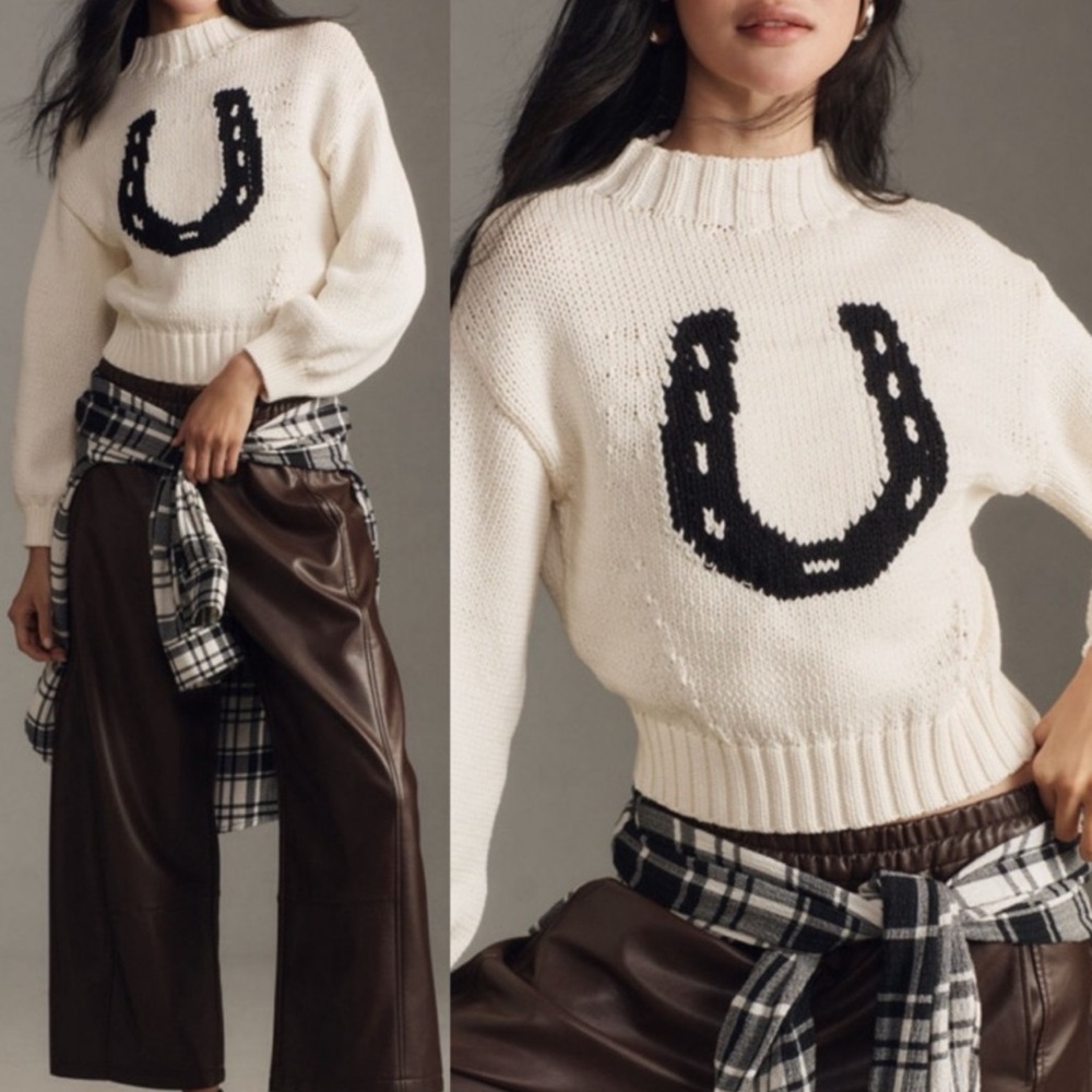 NWT Anthropologie Maeve The Pippa Mock Neck Sweater Icon Horseshoe Edition